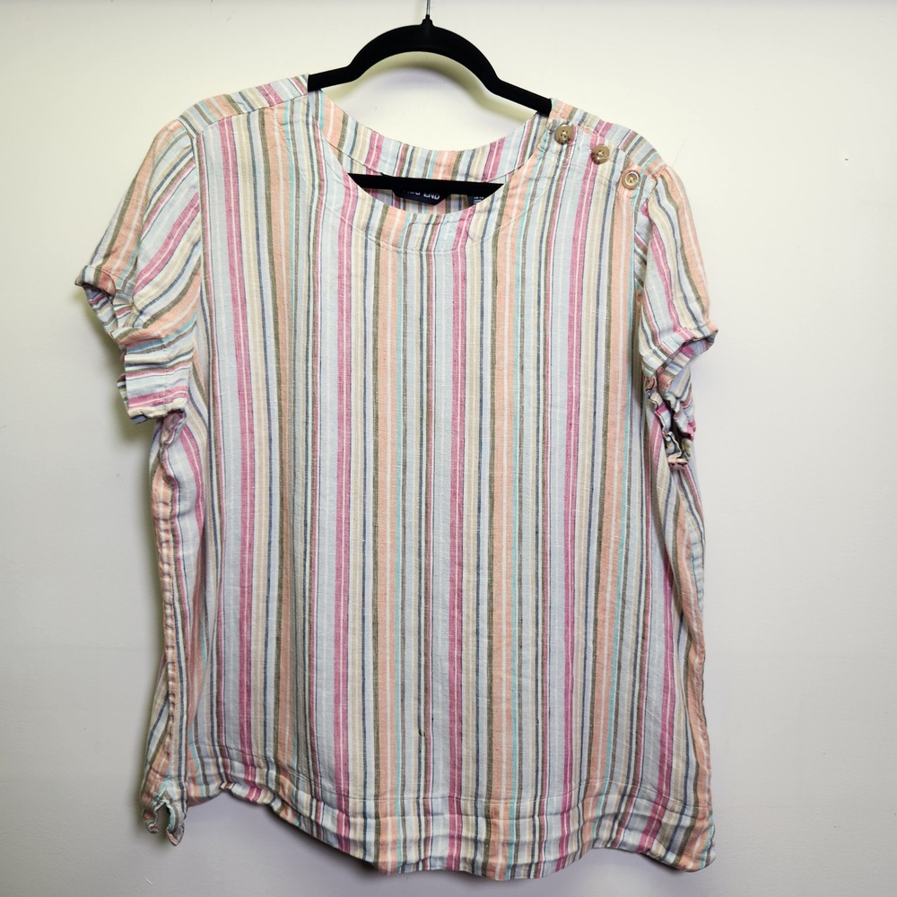 Lands' End Women's Linen‎ Short Sleeve Shirt Lrg Button Shoulder Boxy Striped